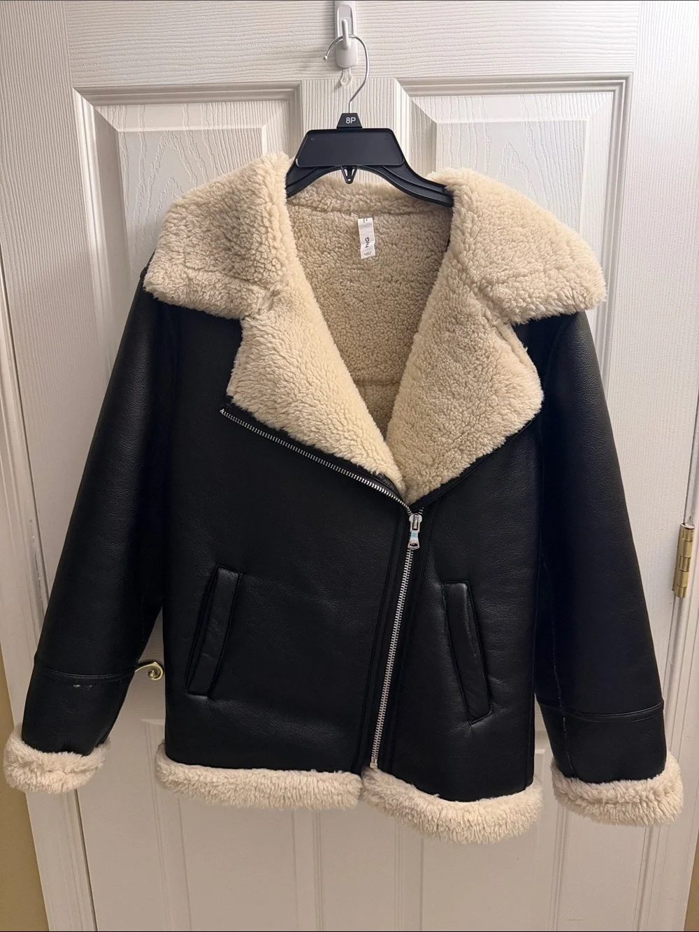 Mango Black Faux Leather Jacket with Cream Sherpa Lining